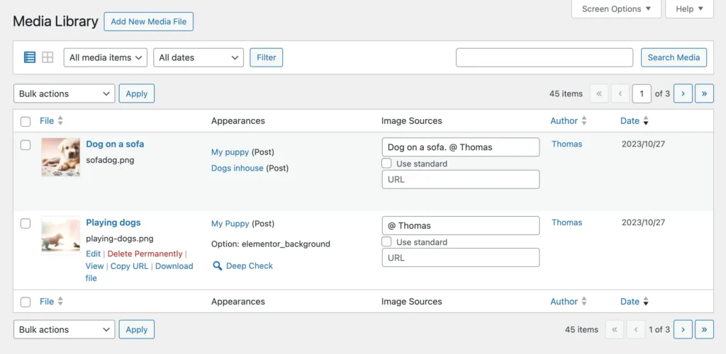 Appearances of images listed in an optional column in the Media Library