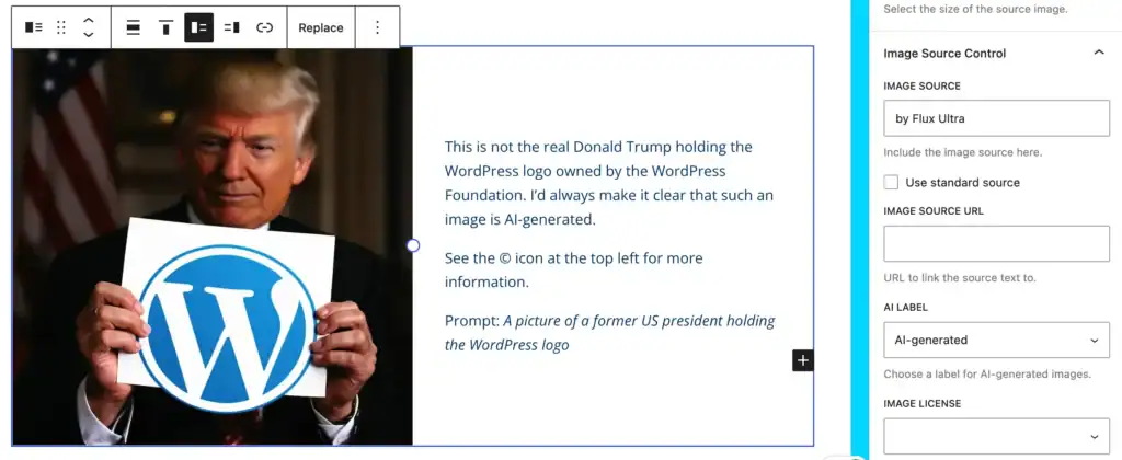 A media and text block showing up in the WordPress block editor with settings for the images. In the given example, the fields for Image Source and AI Label are filled in with AI-related information.
