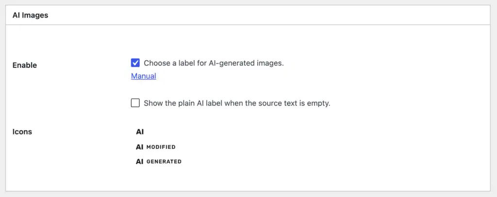 Plugin settings that enable a label for AI-generated images.