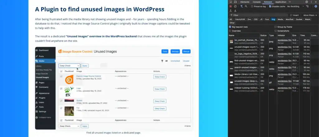 Chrome Developer Tools Network tab showing all images loaded on a website.