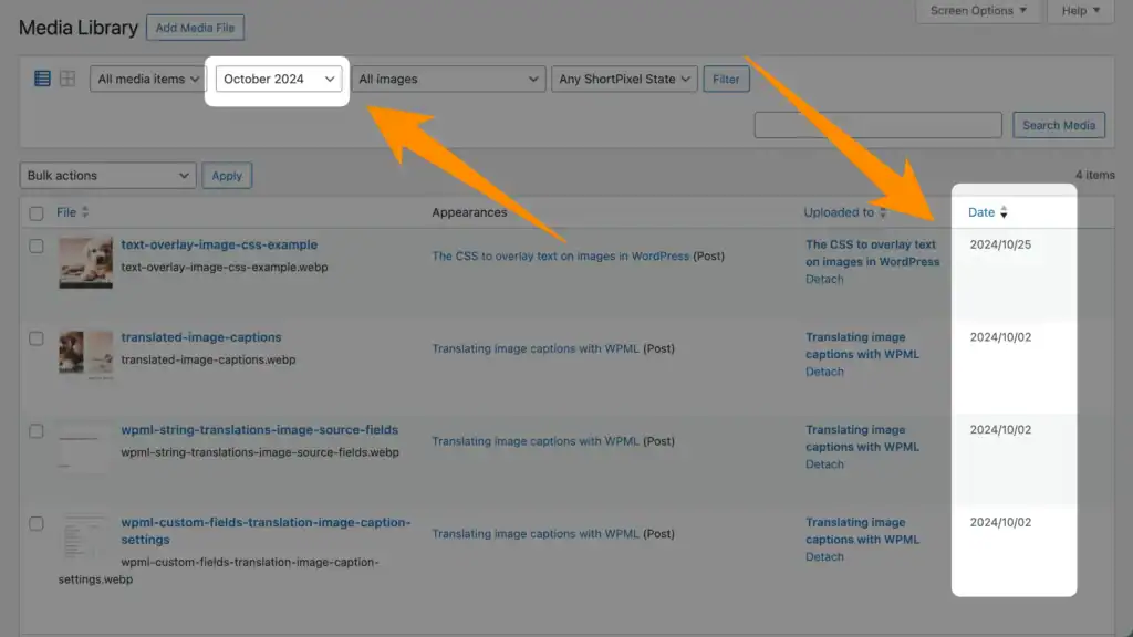 Screenshot of the WordPress media library with a filter set to show only images from October 2024 and highlighting the upload date in the Date column.