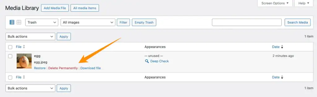 Highlighting the Delete Permanently link in the Media Library Trash view