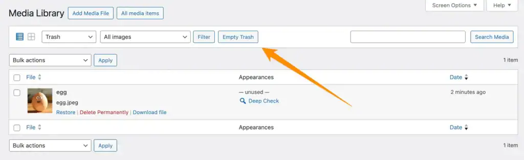 Highlighting the Empty Trash button in the Trash view of the Media Library