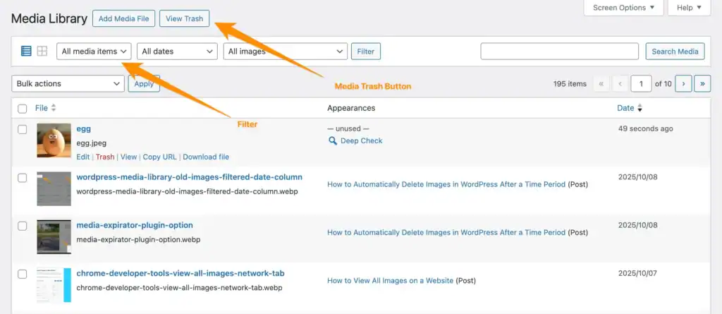 Highlighting the Filter and a Button to go from the Media Library List view into the Trash view.