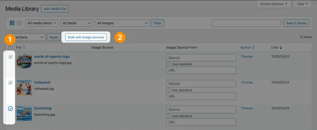 Bulk editing image information in the media library list view.