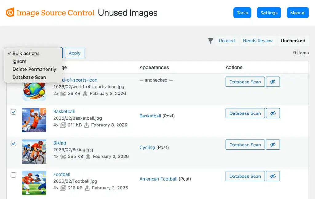Select multiple images in the Unused Images list to run the Database Scan for them.