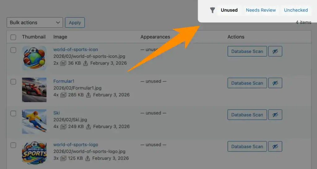 Filter options for the list of unused images. The Unused list is selected. Needs Review and Unchecked are also visible.