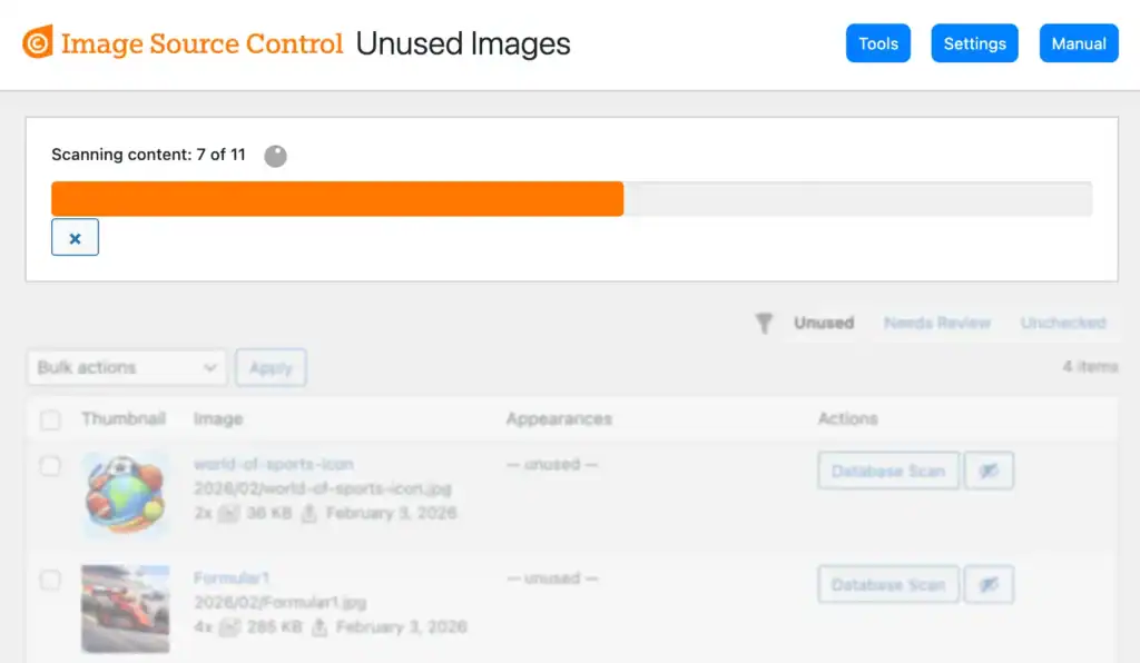 The Scanner searching for unused images in content and database.