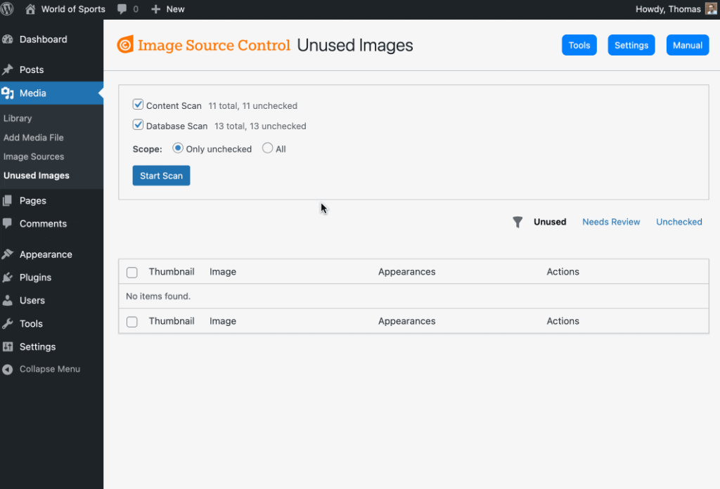 Animation of the Scanner that looks through content and database to find unused images.