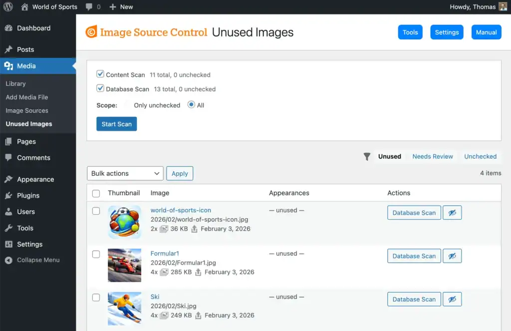 The Unused Images screen without any specific options. The Scanner is visible as well as a few unused images in a table.