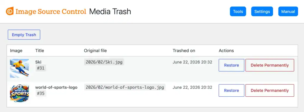 The page in the WordPress admin with the Media Trash. Two items are visible.