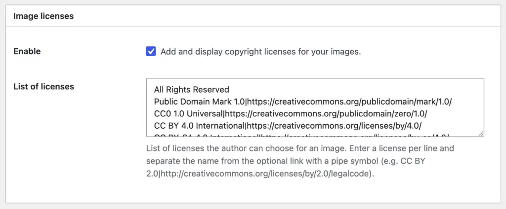 Screenshot of the Image Licenses settings in the Image Source Control WordPress plugin