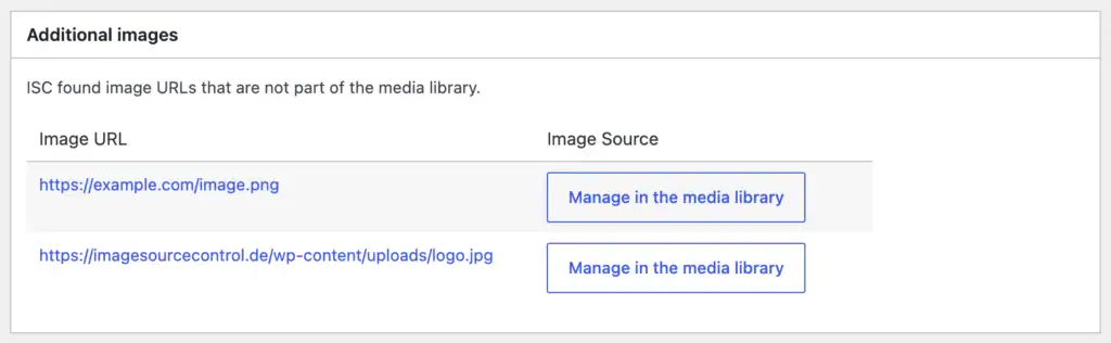 A list of external image URLs showing in a metabox Additional Images with a button to create a placeholder entry in the WordPress media library.