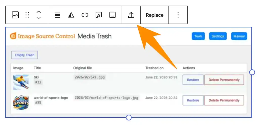 An image block showing an external image with the button highlighted to import the image into the WordPress media library.